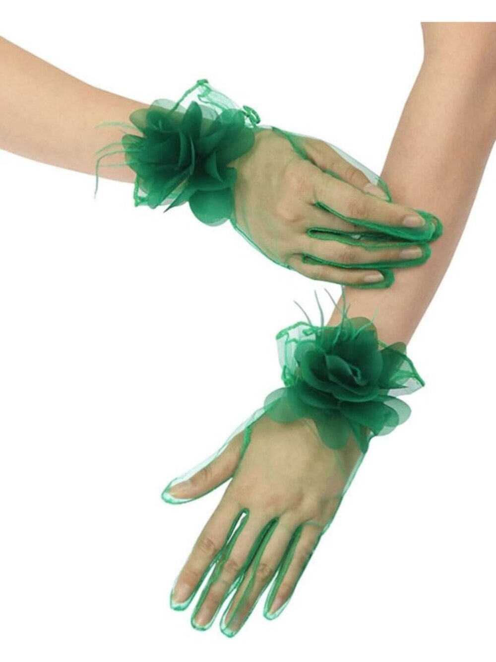 Women's Green 100% Nylon Sheer Floral Wedding Tea Party Short Tulle Glove
